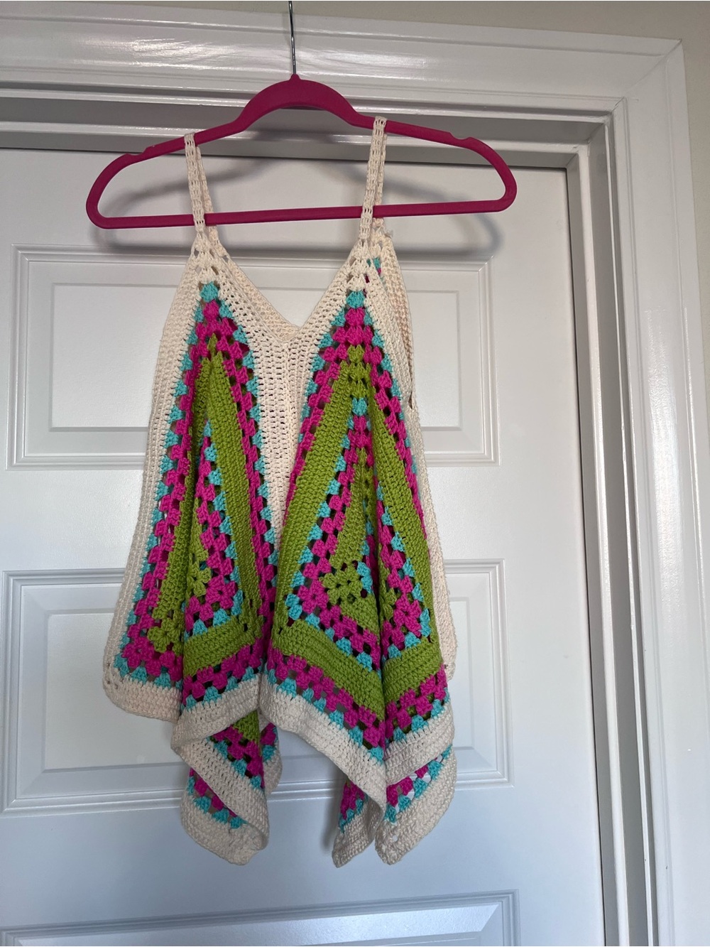 Crochet V-Neck Tank Dress in Cream with Pink and Green Panels